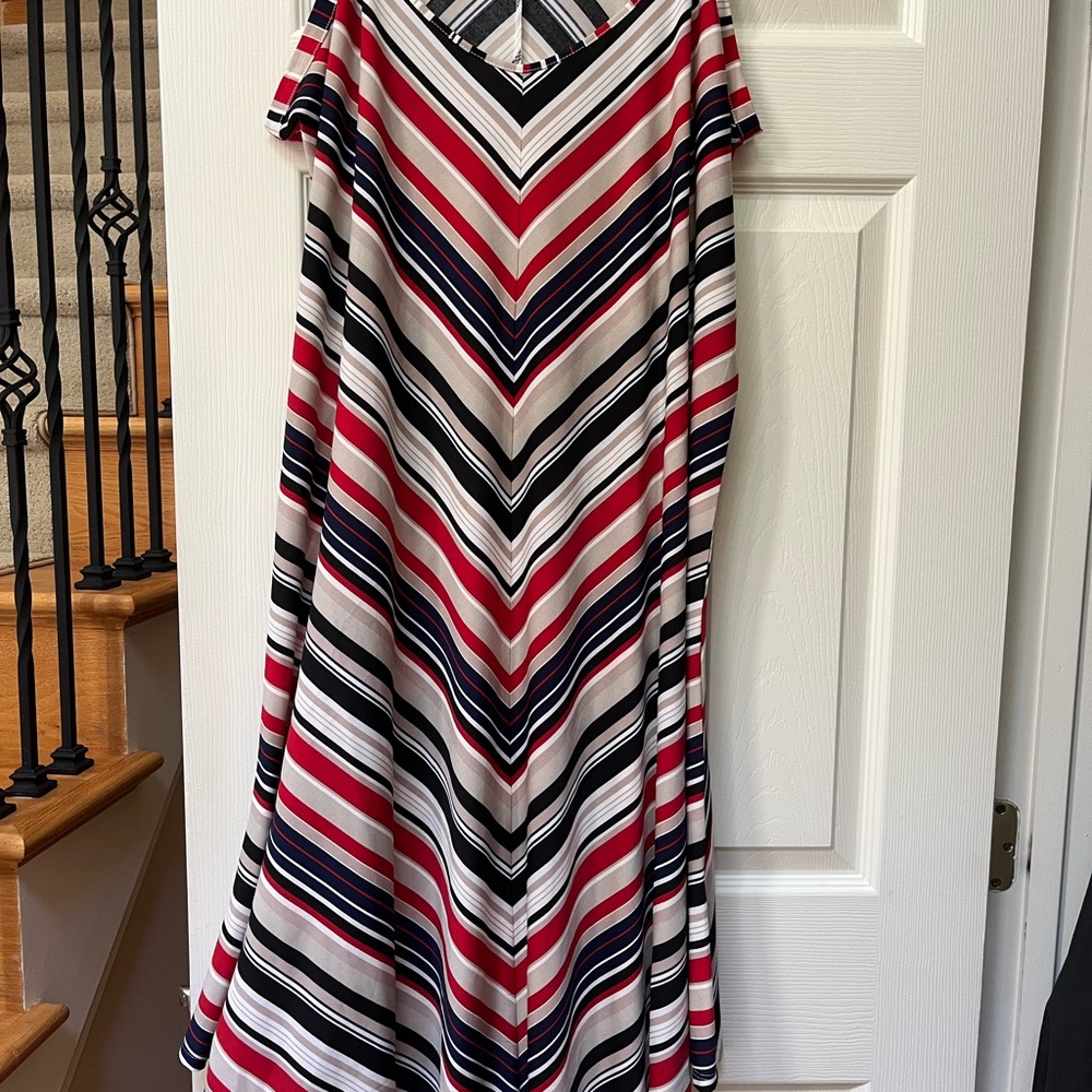 Elegant Striped Maxi Dress in Red, Black, and White